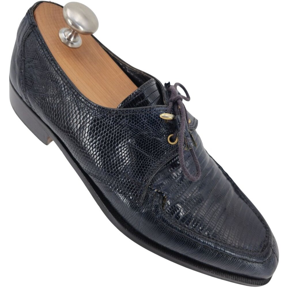 Vintage David Eden Exotic Teju Lizard Navy Blue Dress Shoes Men Size 8.5 Oxfords - Picture 1 of 13